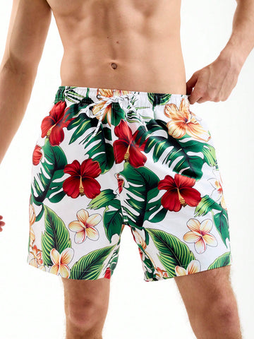 Men's Floral Printed Drawstring Waist Loose Beach Shorts, Vacation