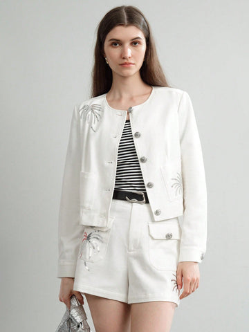 CONTRAST SEQUIN COCONUT PALM PATTERN PATCH POCKET JACKET