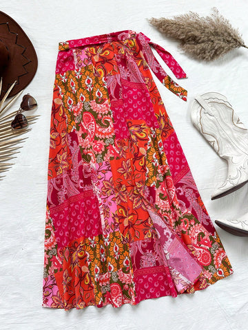 Women Bohemian Patchwork Printed Side Split Tie Waist Maxi Skirt For Vacation