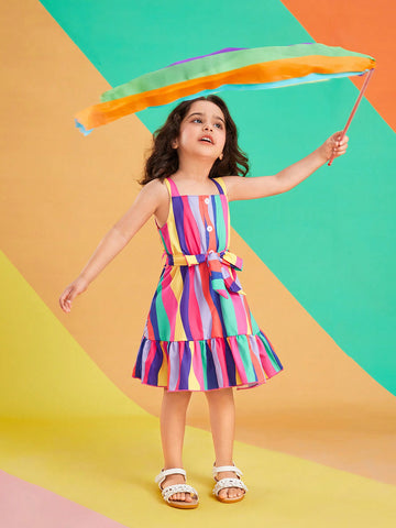 Young Girl Dopamine Stripe Sleeveless Dress