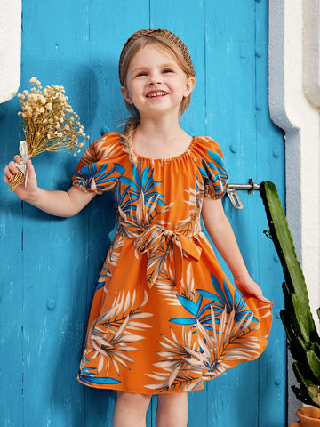 Young Girl Cute Casual Tropical Plant Holiday Style Dress