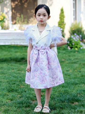 Young Girl Dressy Feather Solid Color Elegant Flutter Sleeve Top And Jacquard Tiger Printed Bowknot Decorated Skirt Set