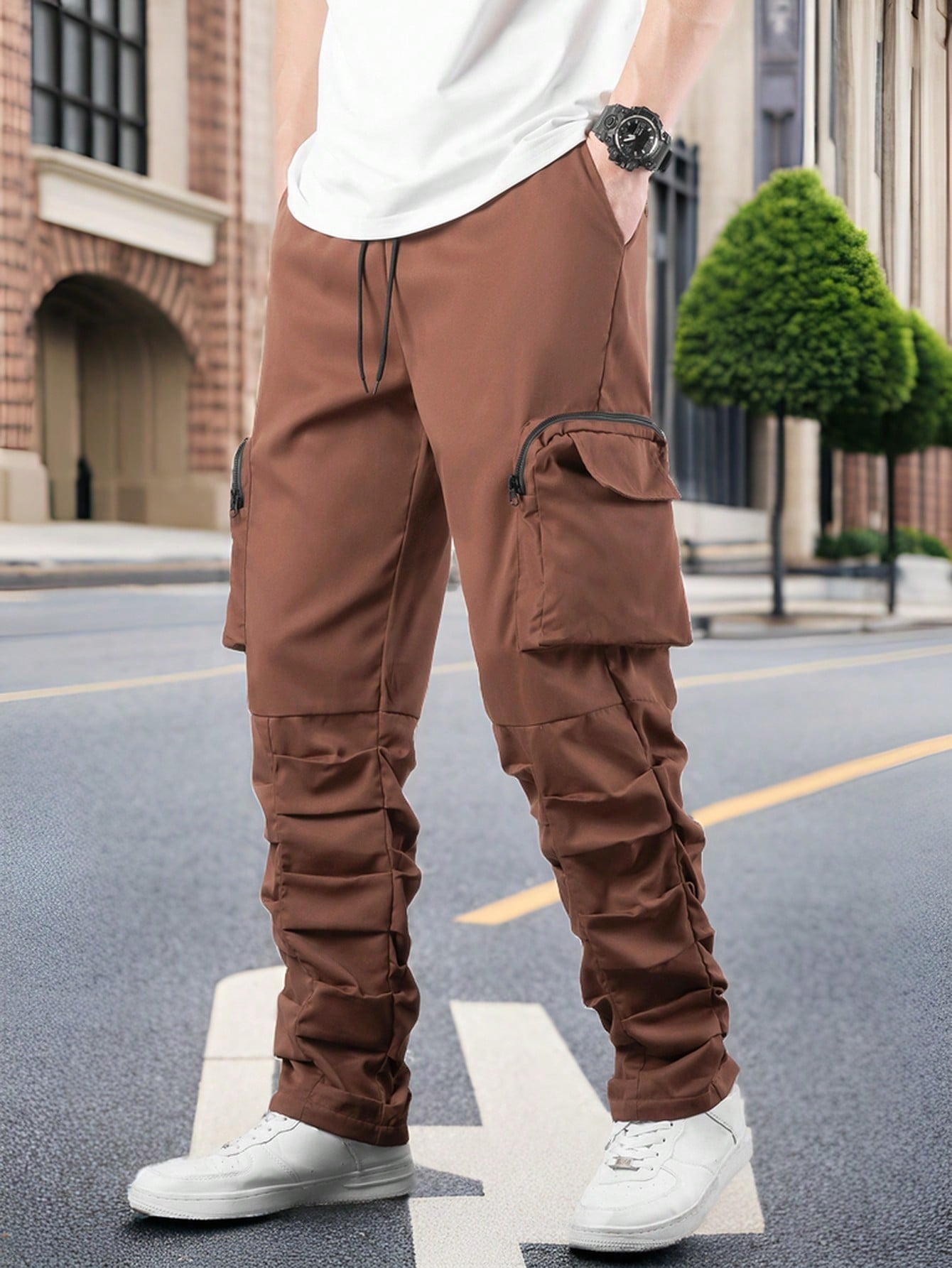 Pleated Zipper & 3d Pockets Design Men's Pants