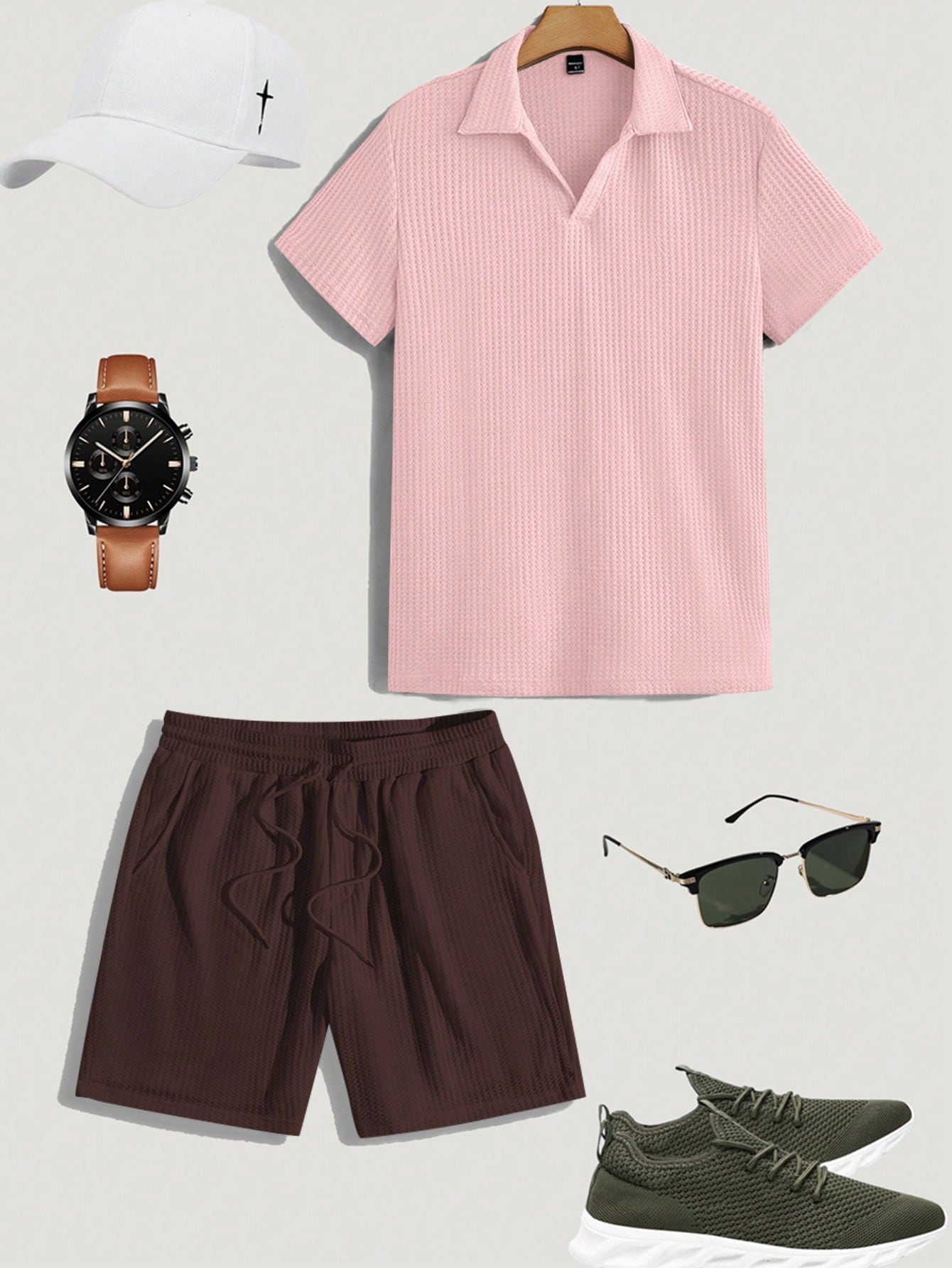 Men's Summer Solid Color Turn-Down Collar Short Sleeve Casual T-Shirt And Loose Shorts Set