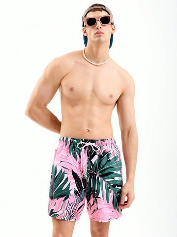 Men's Tropical Plant Printed Drawstring Elastic Waist Loose Fit Beach Shorts, Vacation