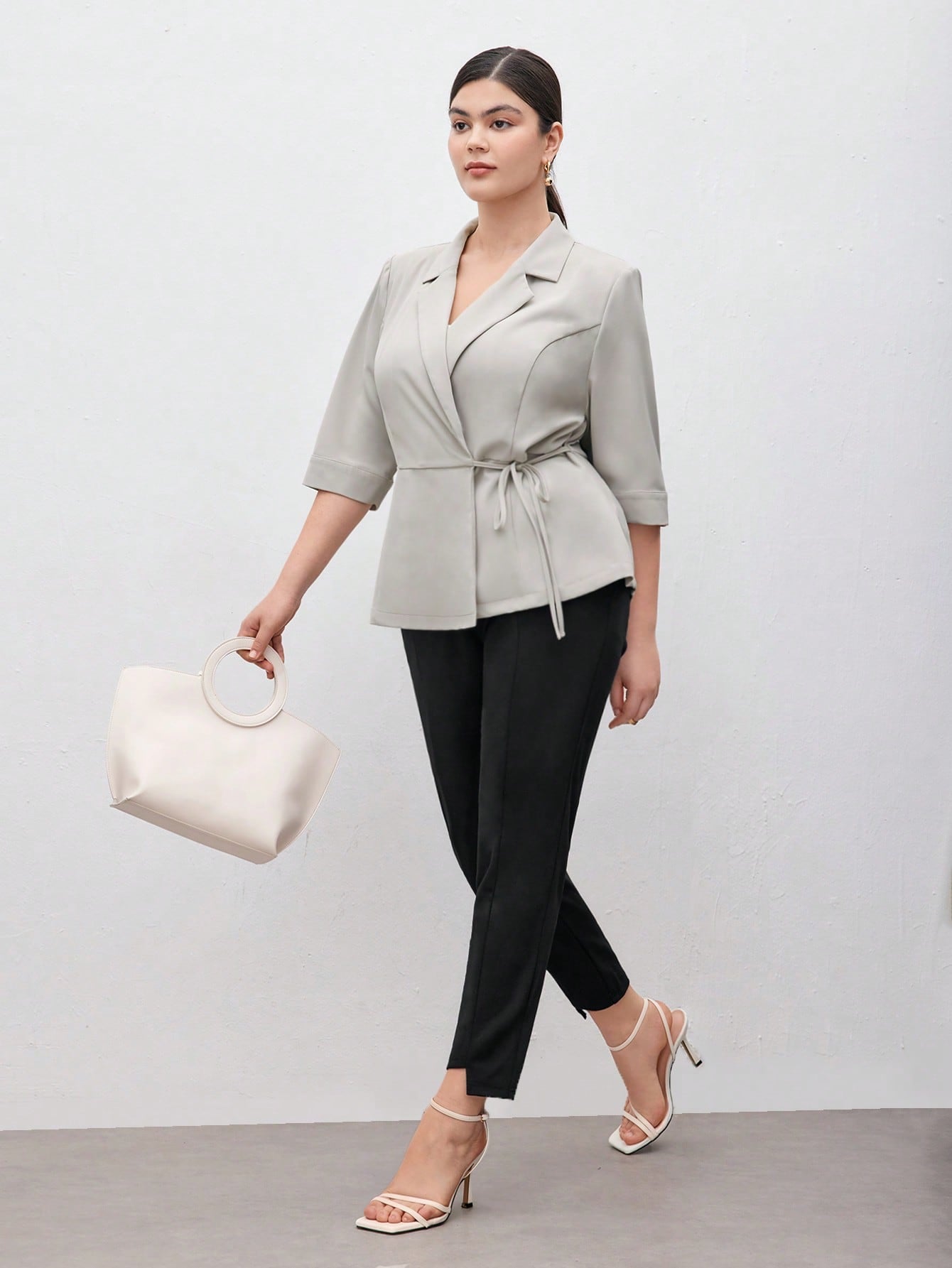 Plus Size Women's Solid Colored Suit Collar Half Sleeve Double-Breasted Casual Blazer, Business, Work