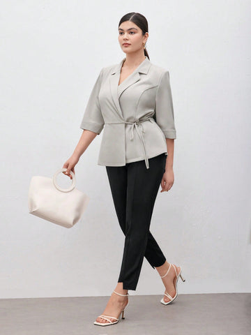 Plus Size Women's Solid Colored Suit Collar Half Sleeve Double-Breasted Casual Blazer, Business, Work