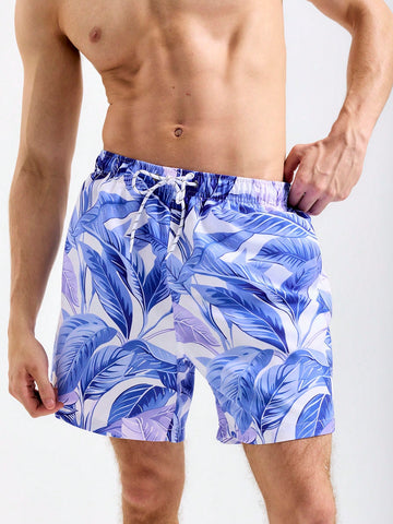 Men's Tropical Plant Printed Drawstring Waist Loose Beach Shorts, Vacation