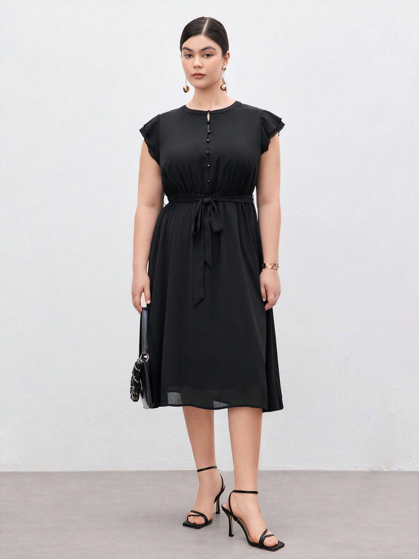 Plus Size Summer Solid Color Black Woven Dress With Ruffled Sleeves