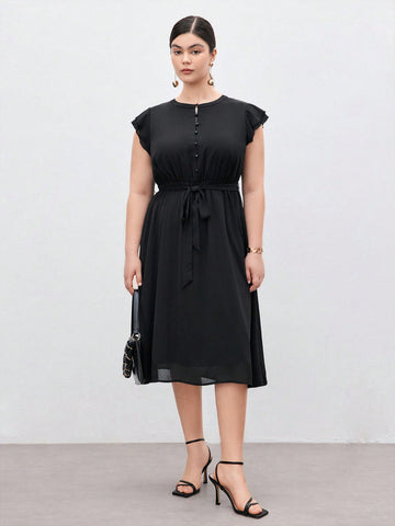 Plus Size Summer Solid Color Black Woven Dress With Ruffled Sleeves