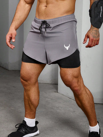 Men's Drawstring Waist Casual Sports Shorts With Bull Head Pattern Print