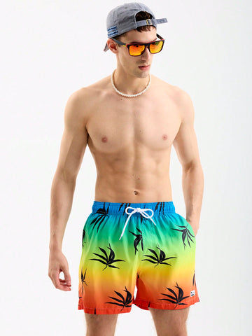 Men Vacation Leisure Pool Plant Printed Tie-Dye Beach Shorts