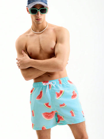 Men Drawstring Waist Watermelon Printed Casual Loose Beach Shorts