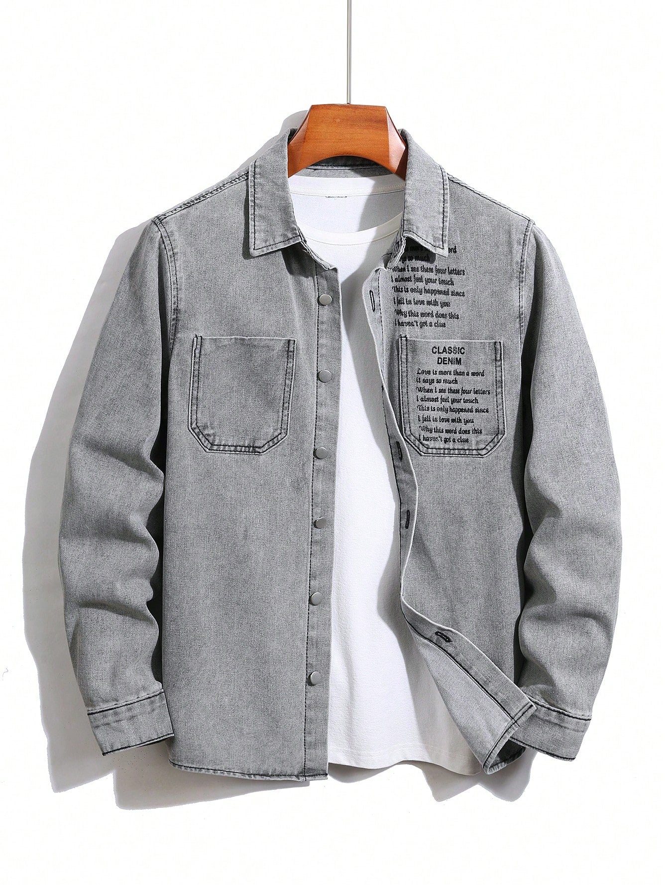 Men's Casual Button-Front Letter Printed Denim Shirt