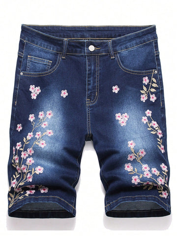 Men's Flower Embroidery Zipper Fly Denim Shorts, Casual Summer Style