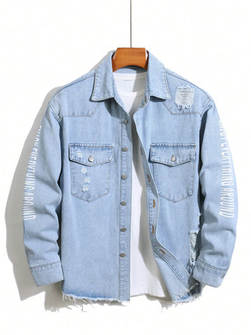 Men's Casual Button-Down Denim Shirt With Letter Print And Distressed Detail