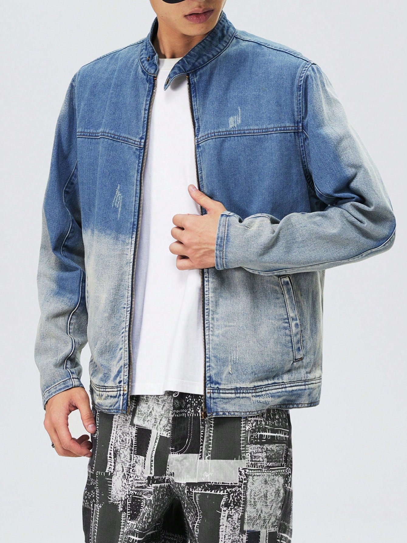 Men's Gradient Color Zipper Closure Denim Jacket With Pockets, Casual Long Sleeve Outwear