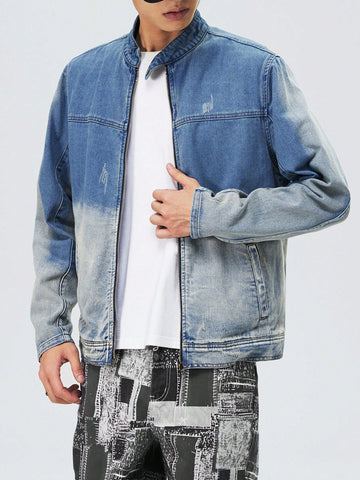 Men's Gradient Color Zipper Closure Denim Jacket With Pockets, Casual Long Sleeve Outwear