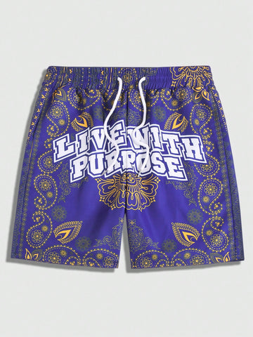 Men's Casual Paisley And Letter Printed Drawstring Waist Shorts For Summer