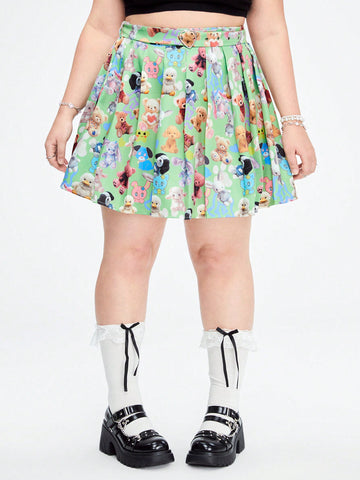 Y2K College Street Style Casual & Adorable Printed Pleated Skirt In Plus Size