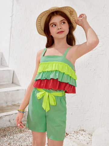 Tween Girl Vacation Style Color-Blocked Ruffle Trim Tank Top And Belted Shorts Set, Summer