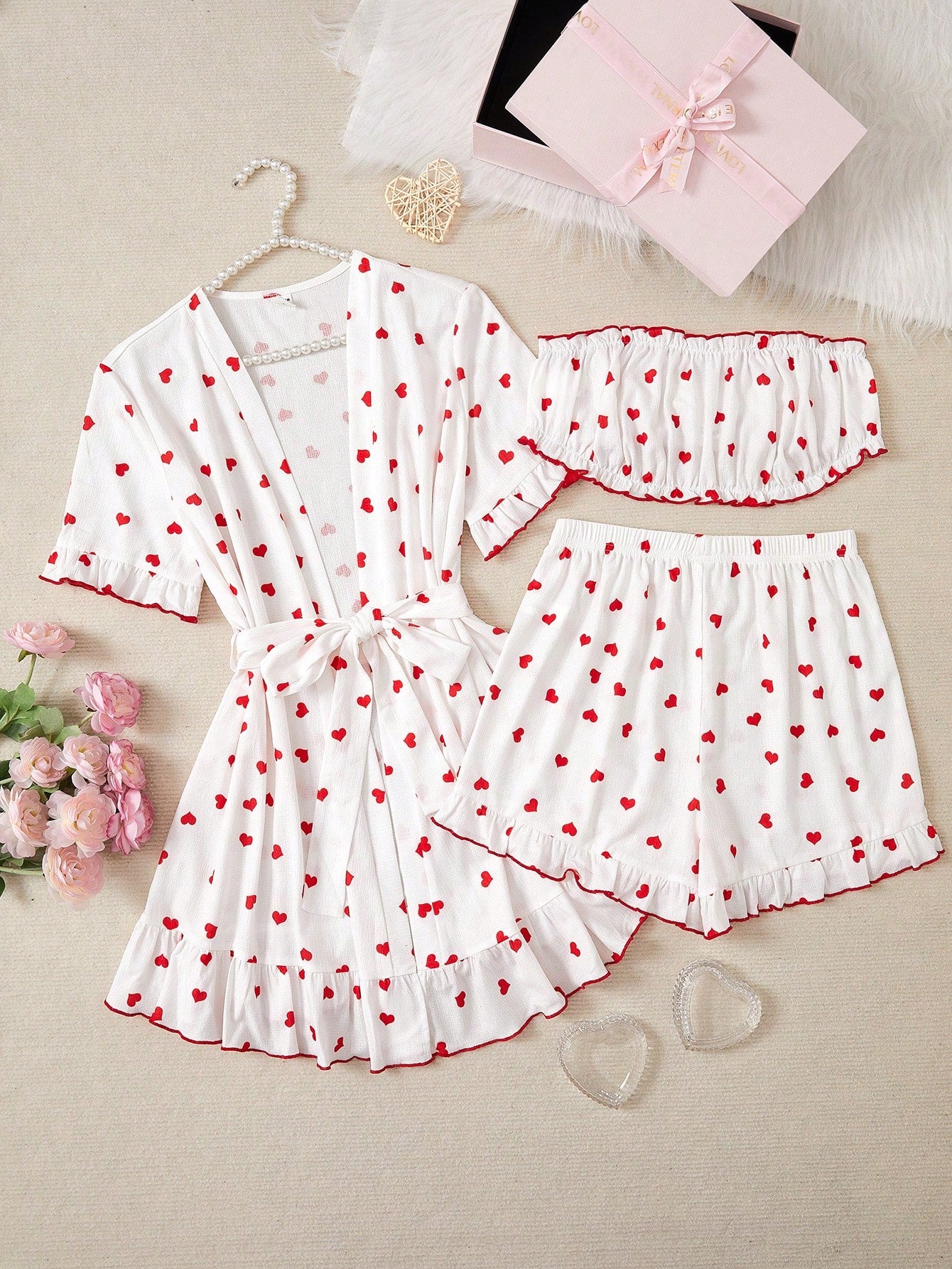 Teen Girl New Heart Print Sleeveless Tank Top, Shorts And Robe 3PCS Set For Casual Home Wear