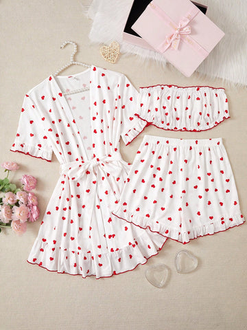 Teen Girl New Heart Print Sleeveless Tank Top, Shorts And Robe 3PCS Set For Casual Home Wear