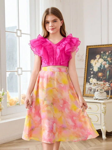 Tween Girl Loose Casual Ruffled Top And Printed Chiffon Skirt Set