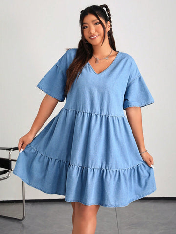 Plus Size Denim Dress, Casual Loose Short Sleeve V-Neck Blue