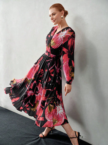 FLORAL PRINT SURPLICE NECK LANTERN SLEEVE PLEATED DRESS