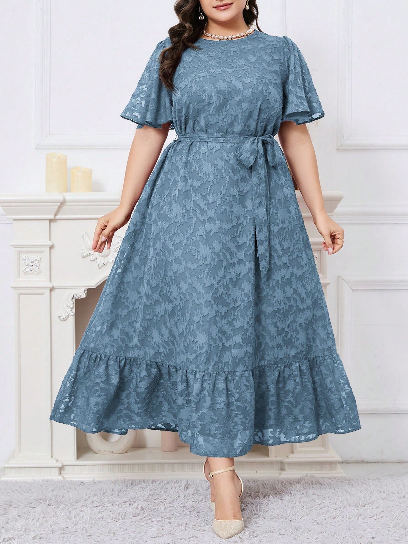 Plus Size Summer Casual Solid Color Cutout Ruffle Hem Swing Dress