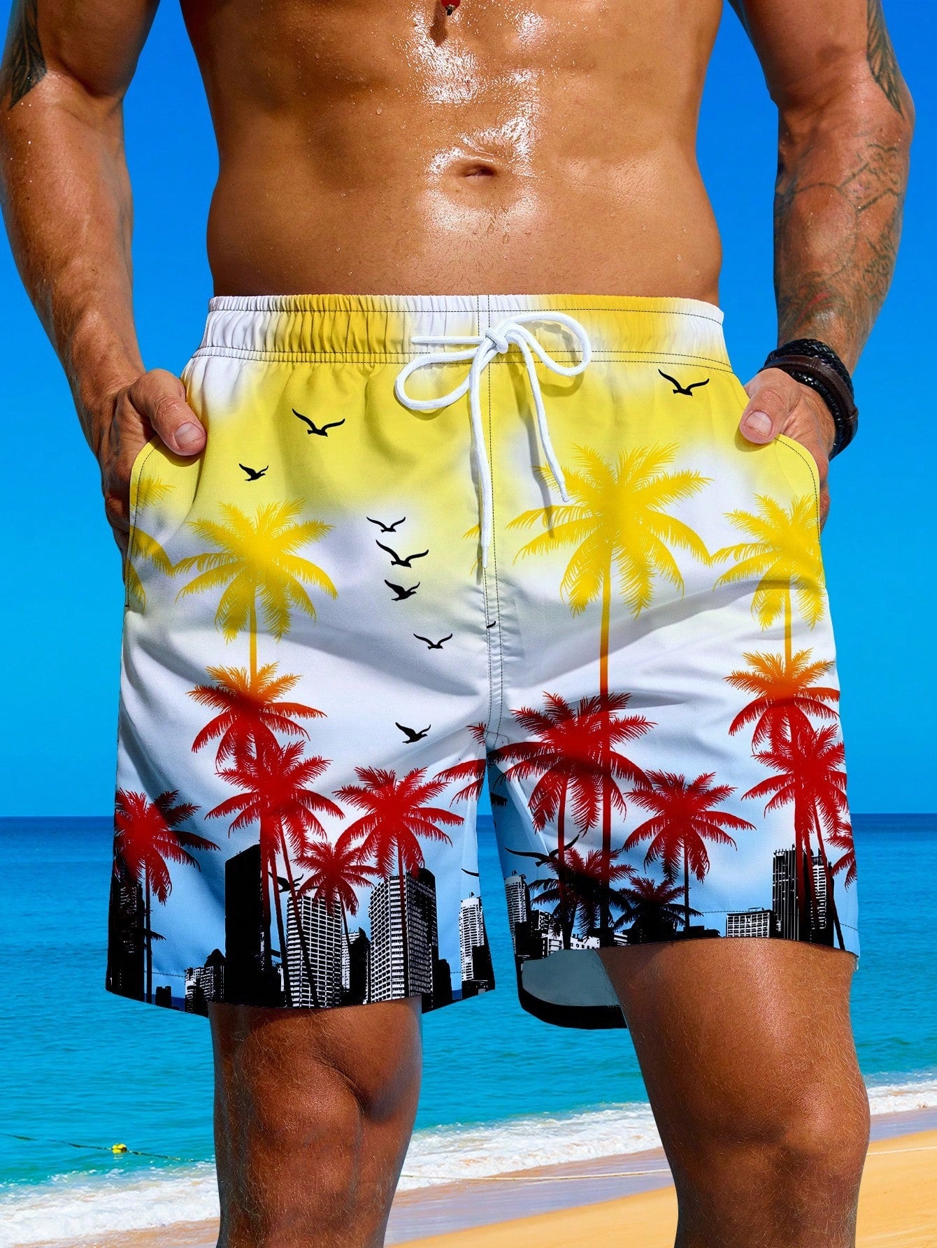 Men Holiday Casual Beach Shorts With Coconut Tree Gradient Print