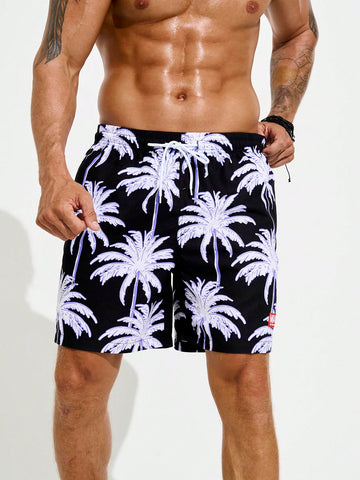 Men's Coconut Tree Printed Beach Shorts With Drawstring Waist, Vacation Style