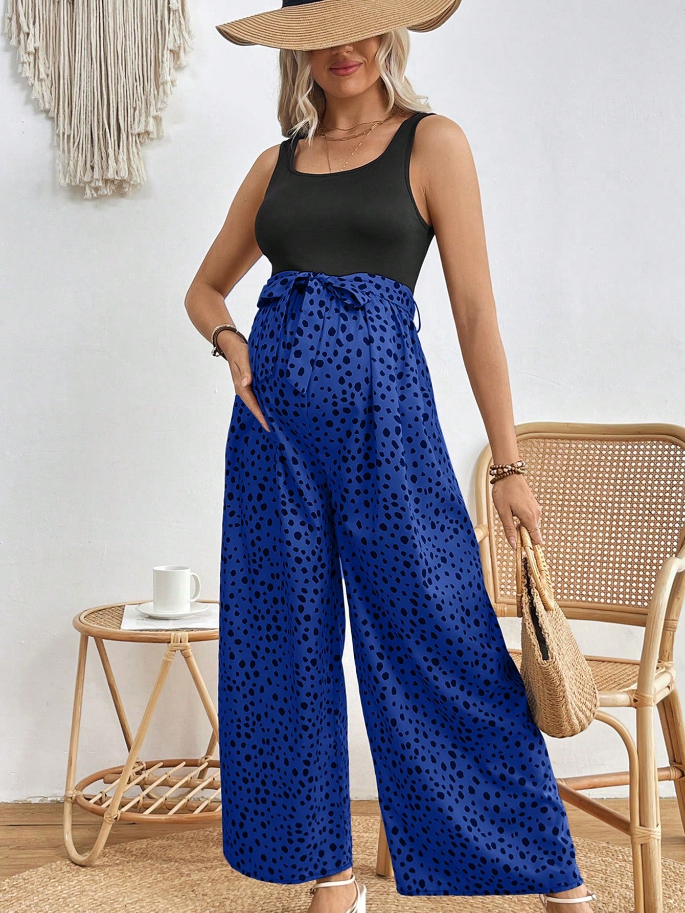 Summer Polka Dot Color Block Maternity Jumpsuit