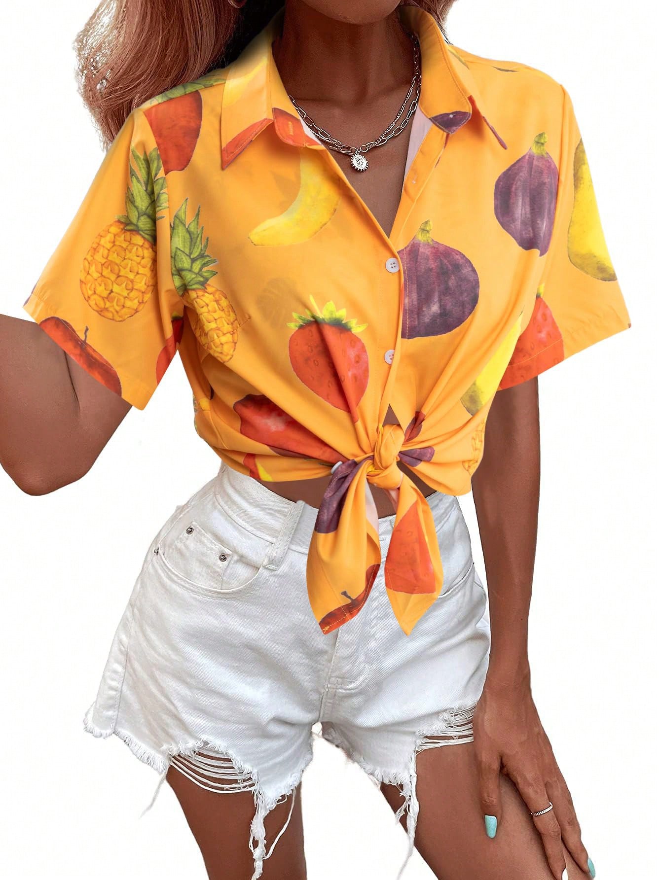 Women's Holiday Casual Fruit Printed Tie-Front Short Sleeve Shirt