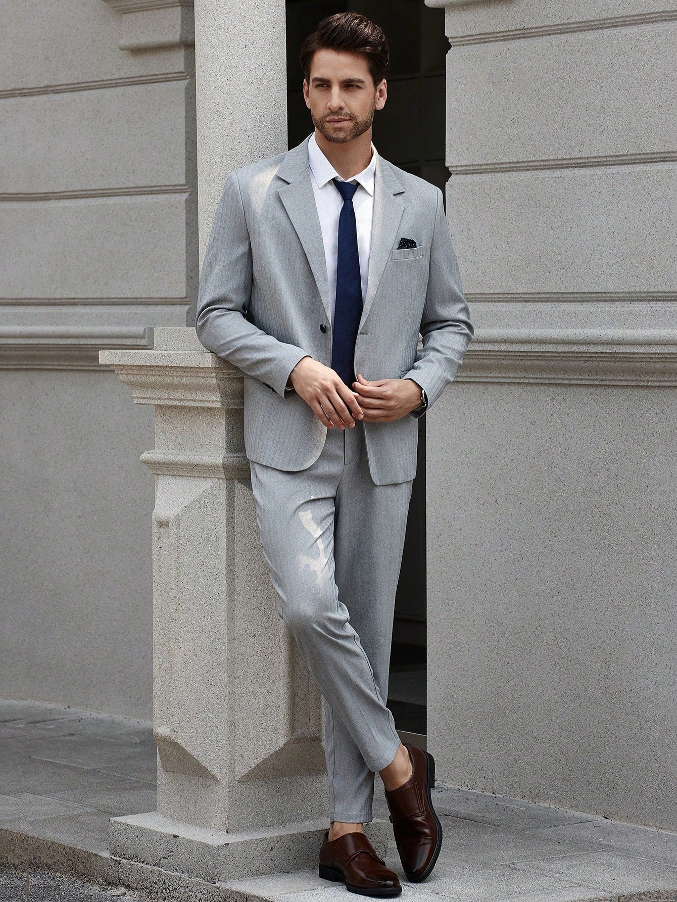 Men Spring/Autumn Slim Fit Suit Set With Notched Lapel Long Sleeve Jacket And Trousers For Daily Business Trip