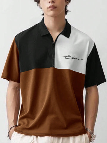 Men's Zipper Color Block Casual Summer Short Sleeve Polo Shirt