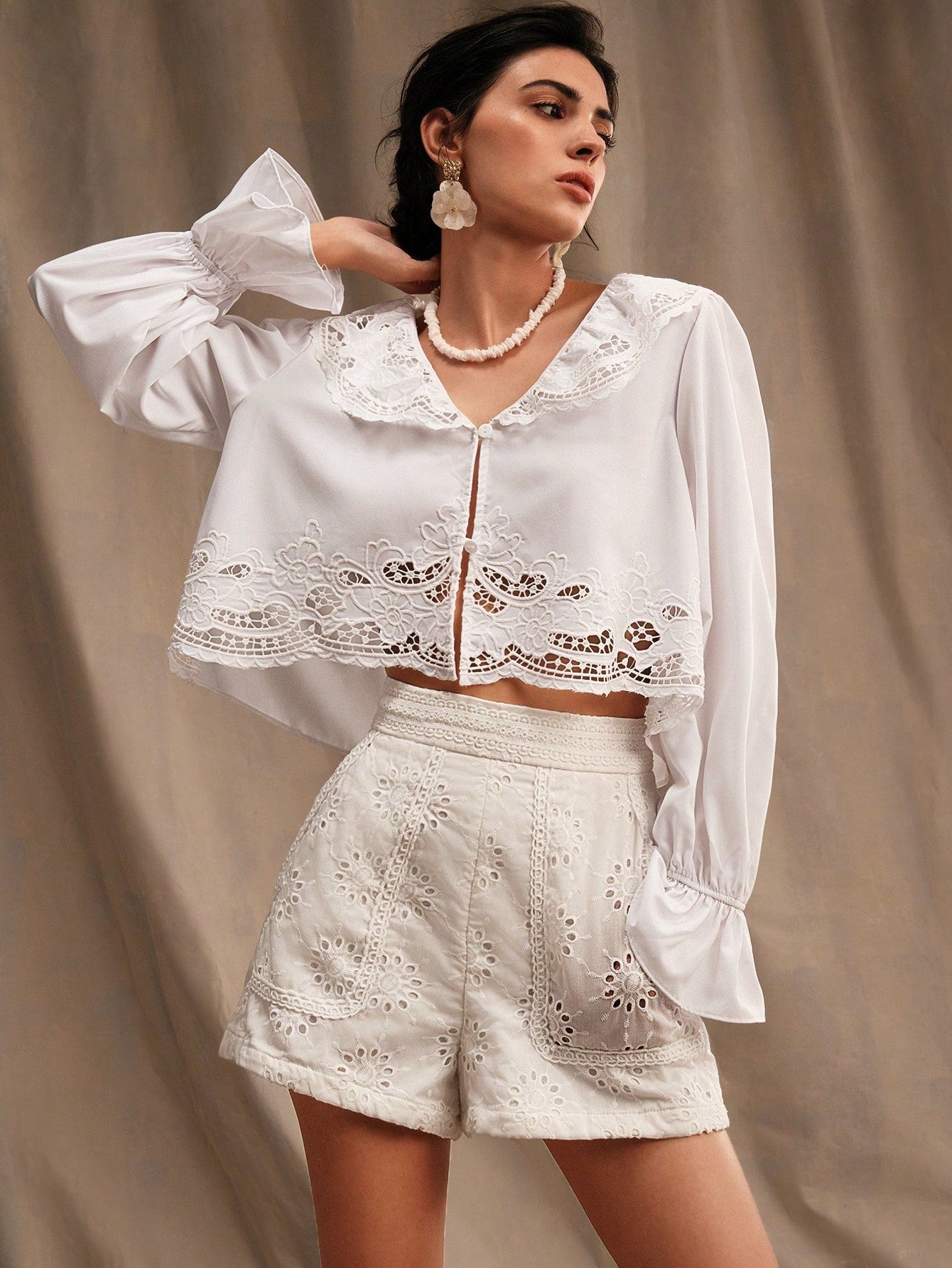 Elegant Symmetrical Lace Detail White Women's Open-Front Shirt