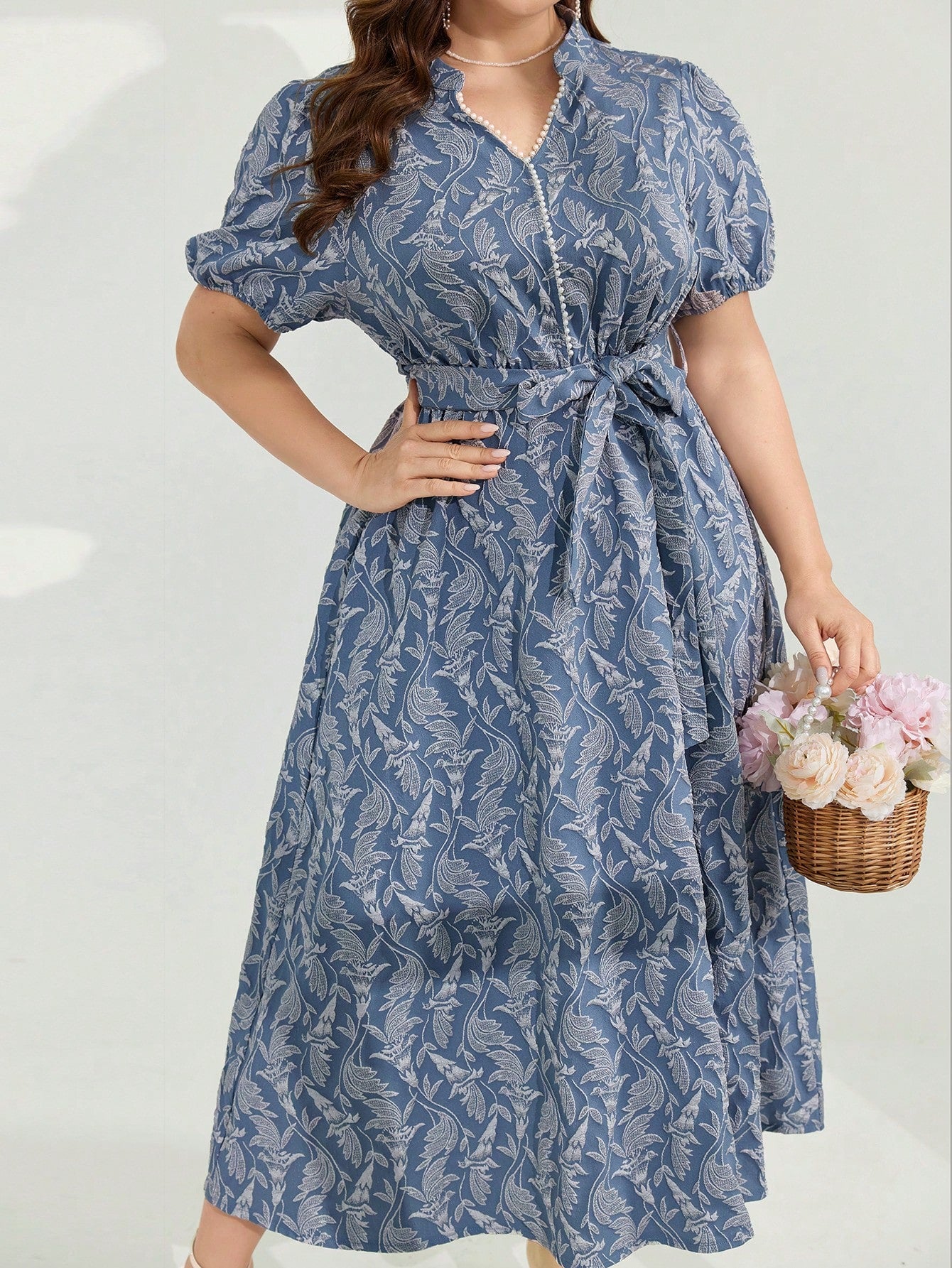 Plus Size Notched Neck Belted Short Sleeve Dress With All-Over Print, Summer