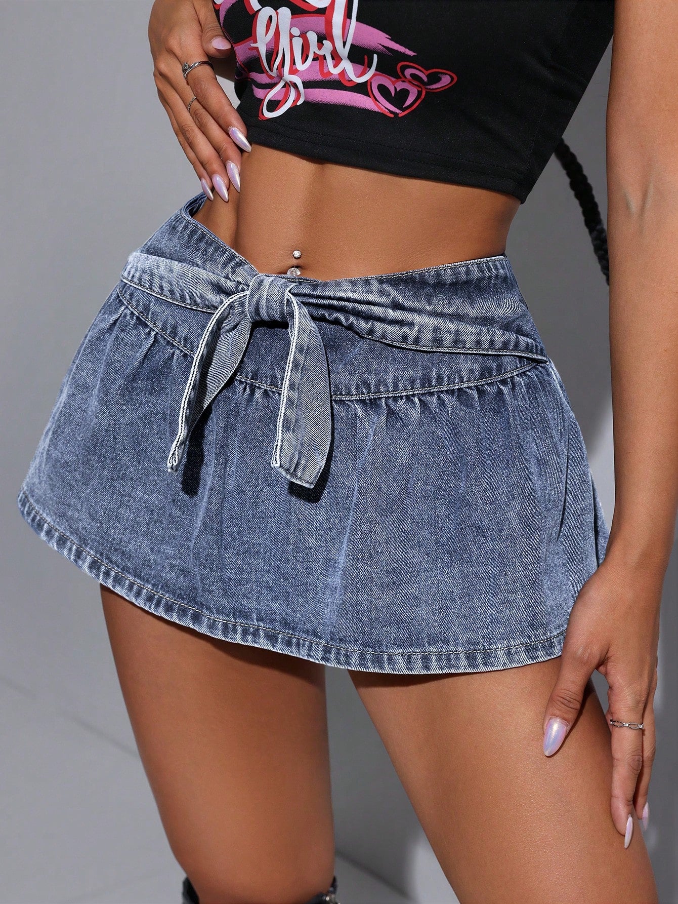 Summer Mini Denim Skirt With Bowknot