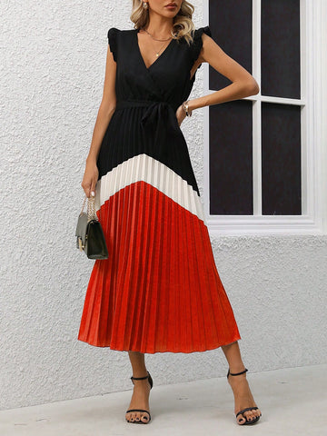 Colorblock Pleated Cross V-Neck Cap Sleeve Dress