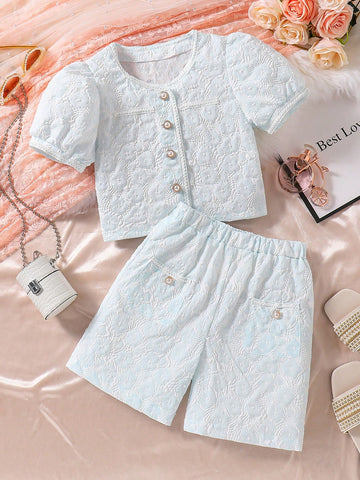 Tween Girl 2pcs Blue Jacquard Outfit And Shorts Set' Fashionable Outfit