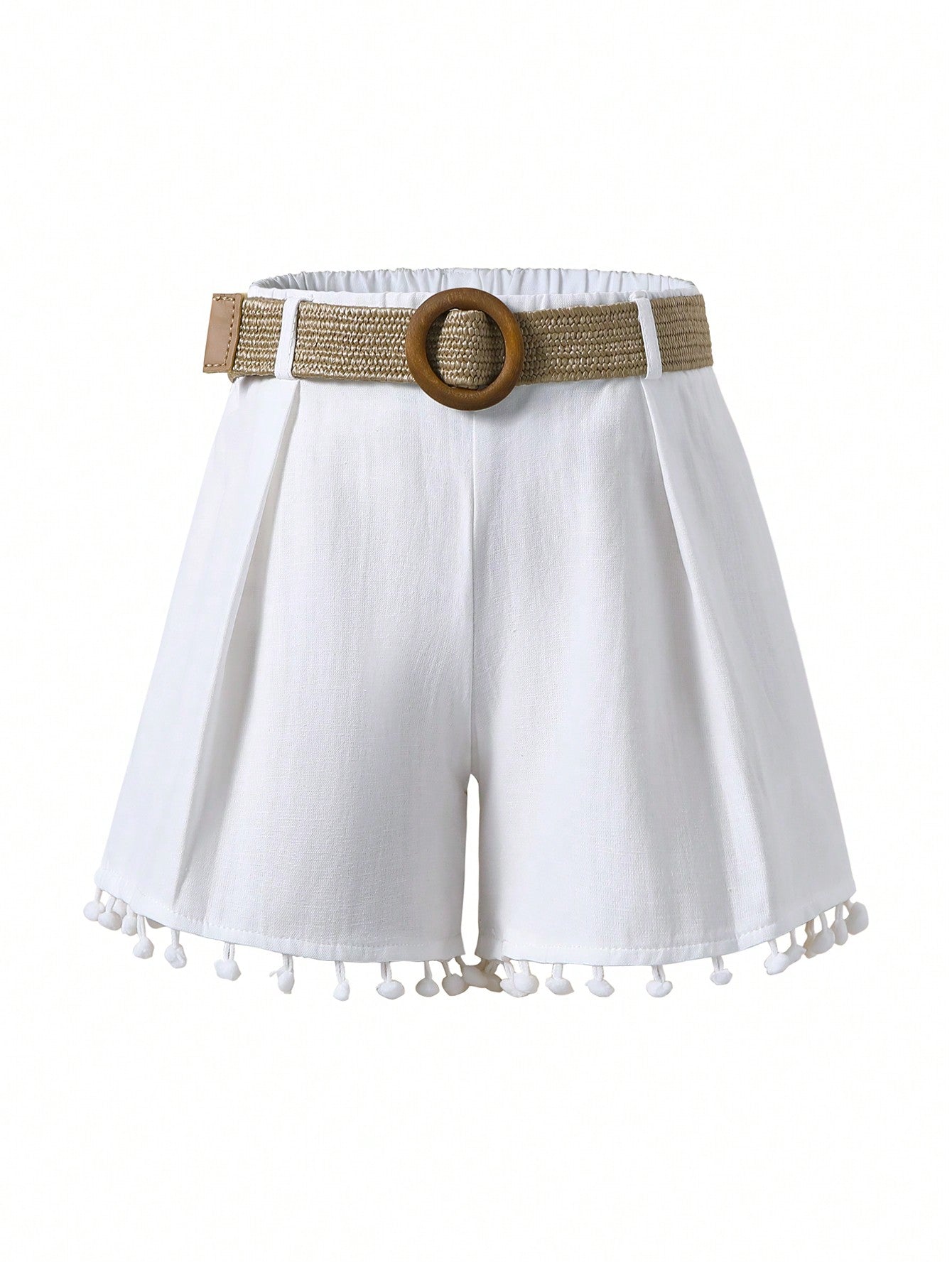 Young Girl Commuter And Casual Shorts With Lace Hem, Woven Decorative Belt And Tassel