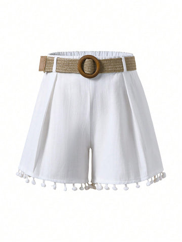 Young Girl Commuter And Casual Shorts With Lace Hem, Woven Decorative Belt And Tassel