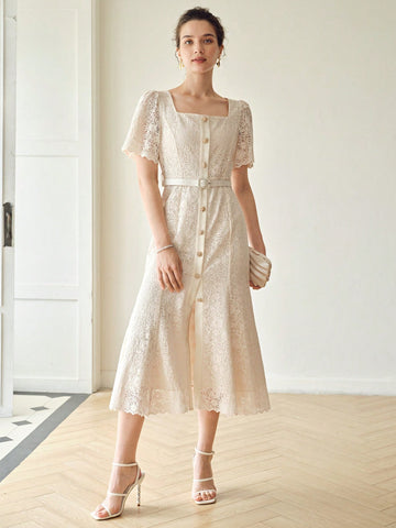 SQUARE NECK FLUTTER SLEEVE LACE OVERLAY DRESS