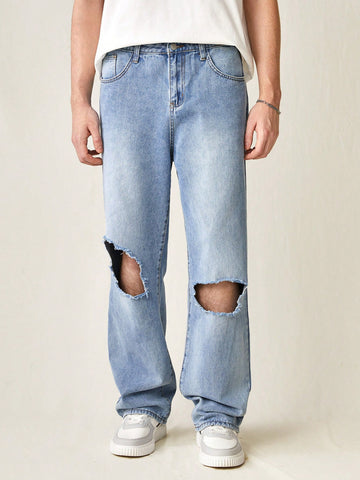 Men's Fashionable Distressed Loose Straight-Leg Jeans