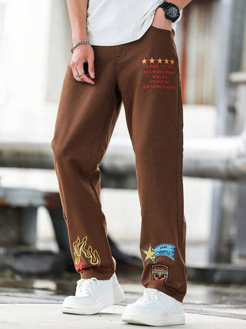 Men's Casual Flame Slogan Printed Straight Leg Jeans