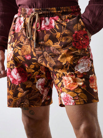 Men Casual Vacation Brown Floral Print Shorts