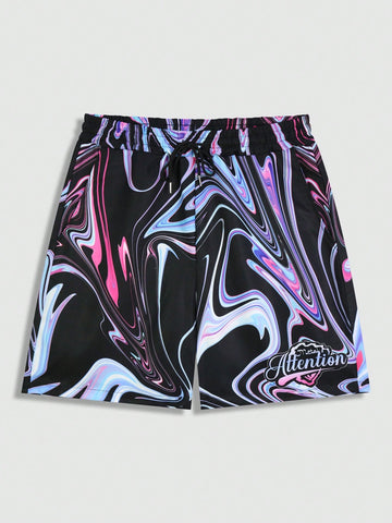 Men's Ripple Printed Woven Drawstring Shorts, Suitable For Spring And Summer