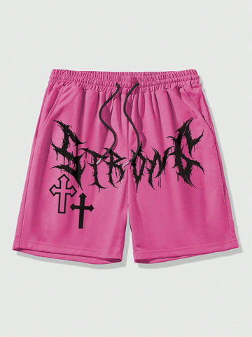 Men's Summer Casual Drawstring Waist Cross & Letter Print Shorts